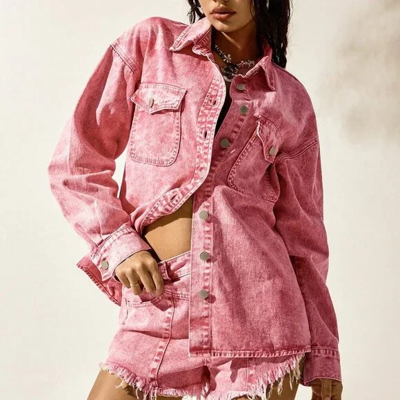 Pink Casual Women's Western Long Sleeve Cowgirl town & shorts set - Picture 2 of 9